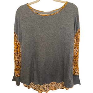 Hummingbird Gray Top with Yellow Patterned Sleeves